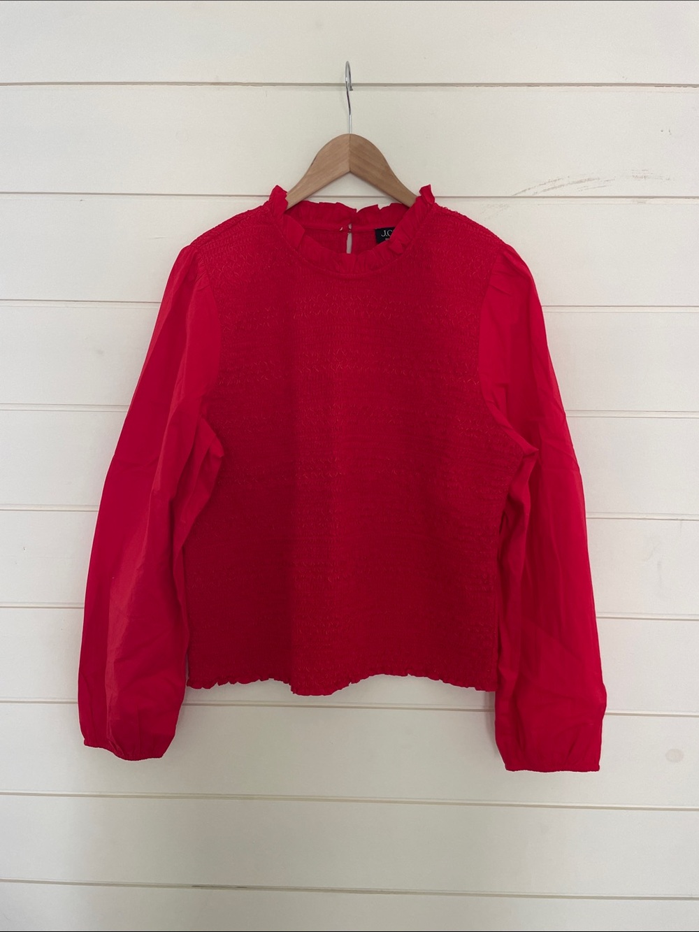 J. Crew Bright Red Smocked Ruffle-Neck Blouse size XL